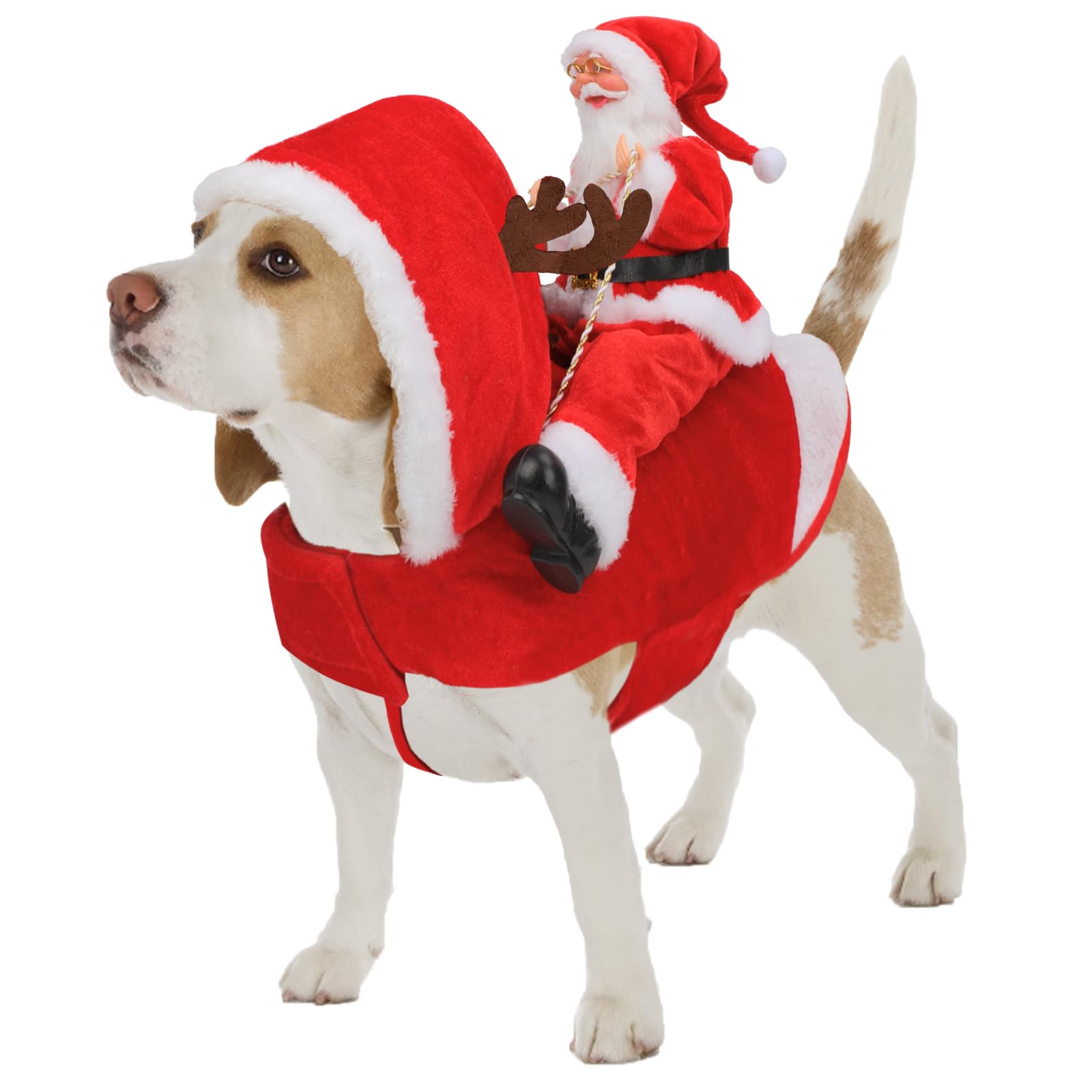 Mfsdai Dog Christmas Outfit, Santa Rides Pets Reindeer Costume, Red Cotton/Polyester Dog Clothing, Size M