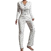 HDQHDQ Womens Long Sleeve Pajama Set Ribbed Top and Pants 2 Piece Sleepwear Cute Pj Sets