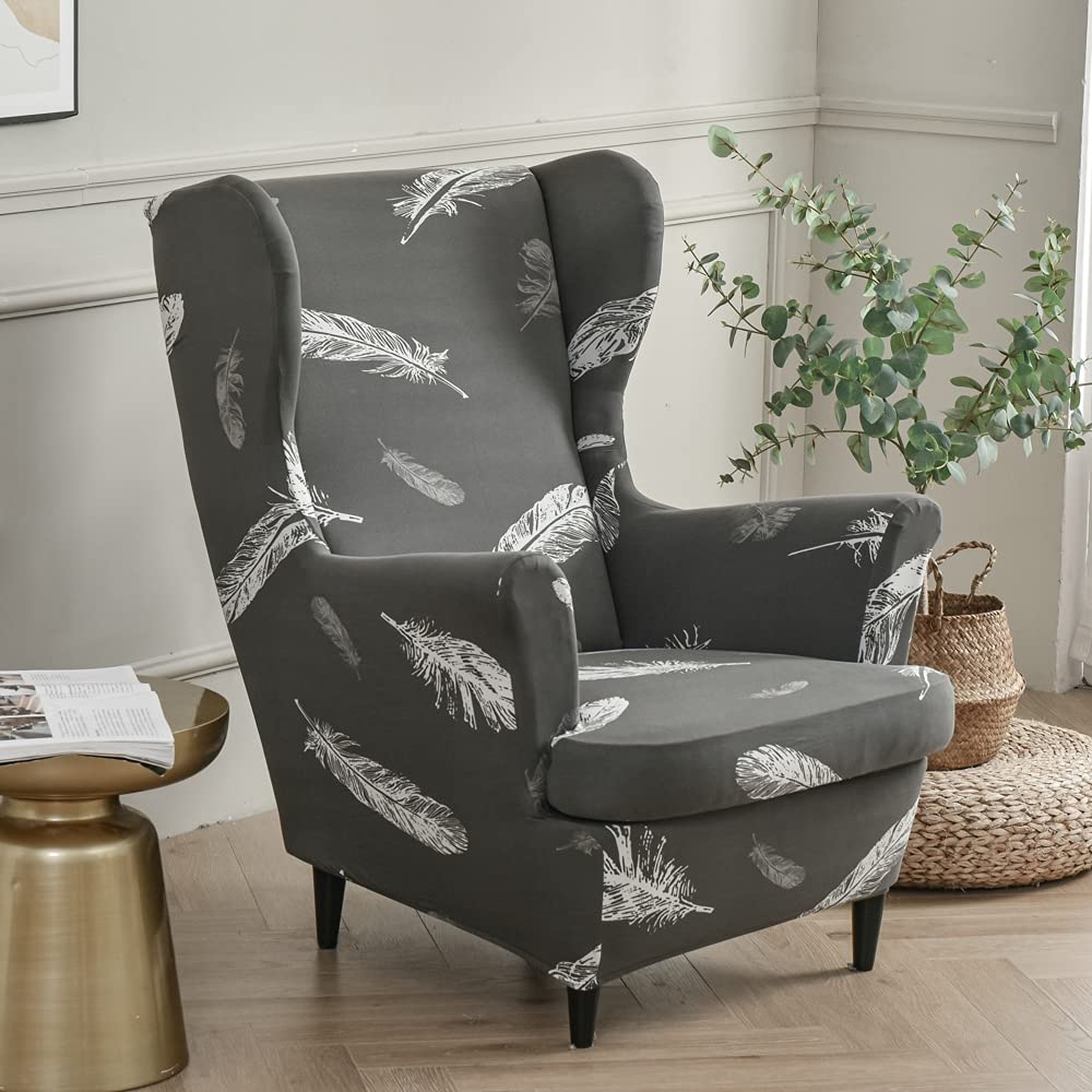 Highdi Wingback Chair Covers 2-Piece Stretch Wing Chair Cover for Armchair, Washable Sofa Chairs Slipcover Spandex Fabric Furniture Protector for Living Room Bedroom Hotel (Grey Feathers)