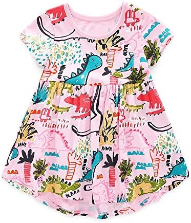 Koupa Little Girls Short Sleeve Summer Dress Toddler Dinosaur Print Cotton Dress (1-8 Years)