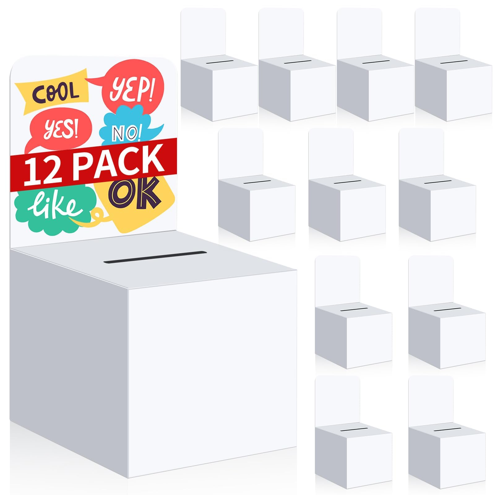 Photo 1 of  Raffle Boxes Ballot Box Suggestion Box with Slot, 6 x 6 x 6 Inch Cardboard Raffle Boxes with Slot for Ticket and Removable Header for Collecting Business Card Voting Contest (White)