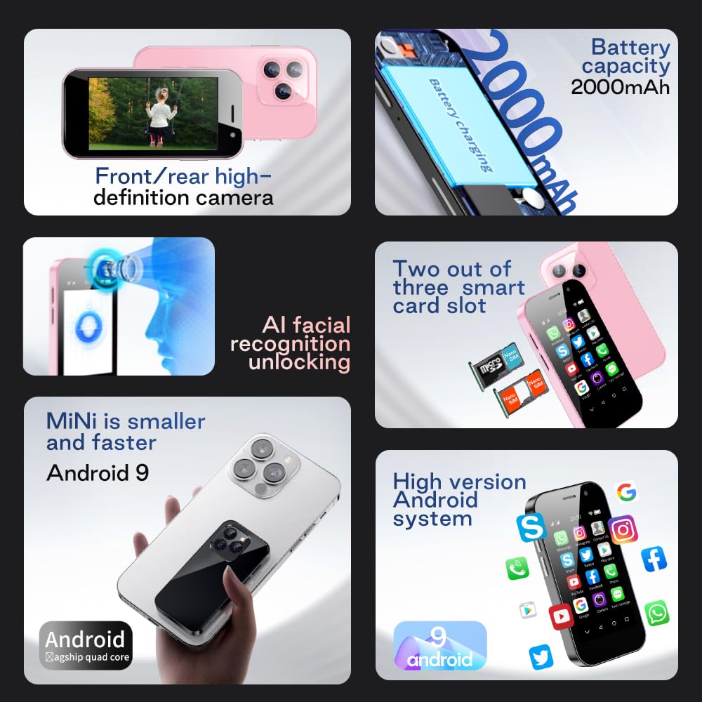 ZOKOE Mini Handy Smartphone für Kinder 3-Zoll-Bildschirm 2000 mAh 3GB RAM 64GB ROM 2.0+5.0MP Gesicht entsperren 4G kein Vertrag Telefon (rosa,3GB+64GB)