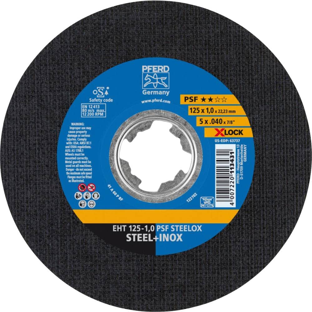 PFERD Cutting Disc, 10 Pieces, 125 x 1.0 mm, Straight, X-Lock (22.23 mm), PSF Steelox, 69198289 - for Quick and Convenient Tool Changes