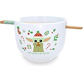 Star Wars: The Mandalorian Grogu The Child "Merry Force Be With You" Ceramic Dinnerware Set | Includes 20-Ounce Ramen Noodle Bowl and Wooden Chopsticks