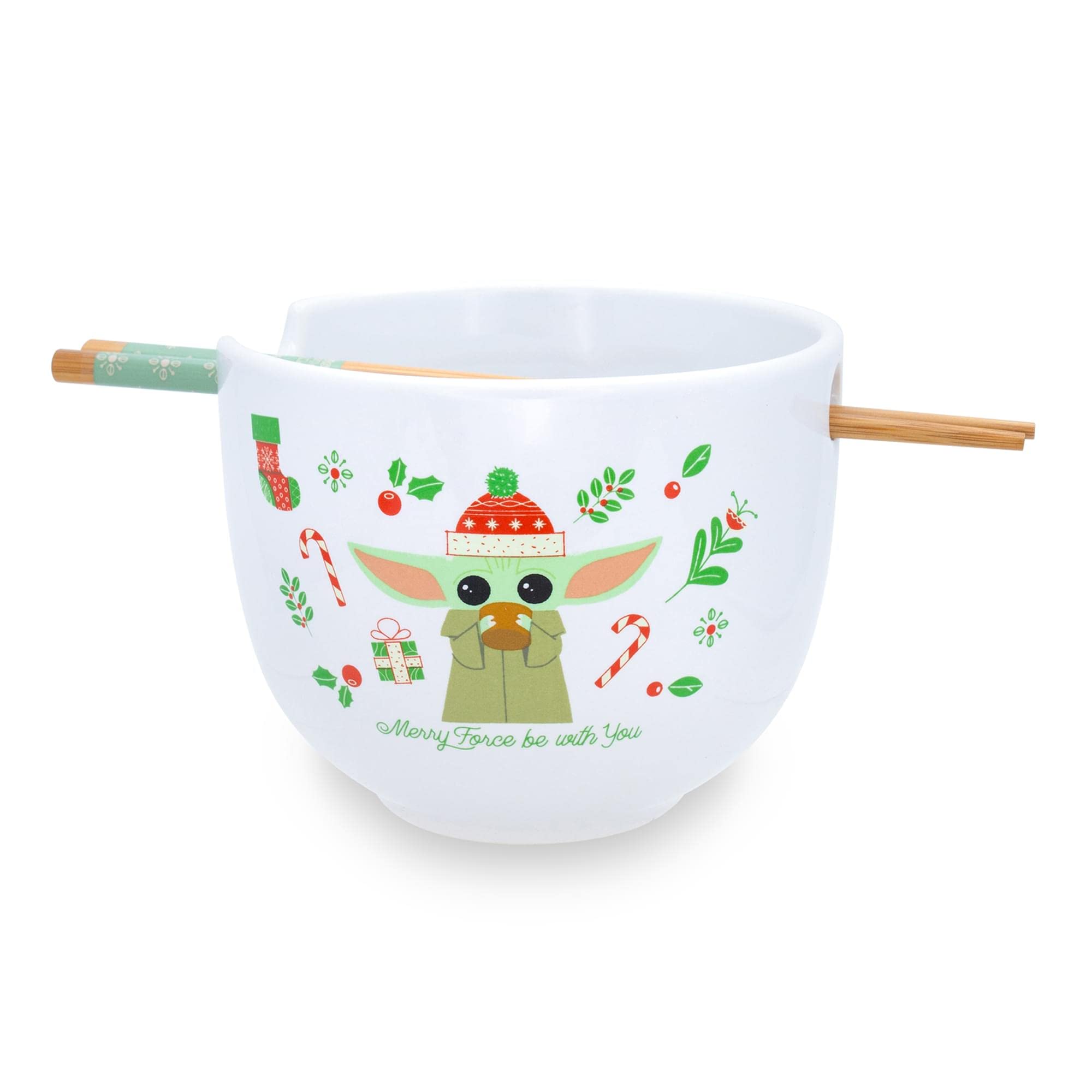 Star Wars: The Mandalorian Grogu The Child "Merry Force Be With You" Ceramic Dinnerware Set | Includes 20-Ounce Ramen Noodle Bowl and Wooden Chopsticks