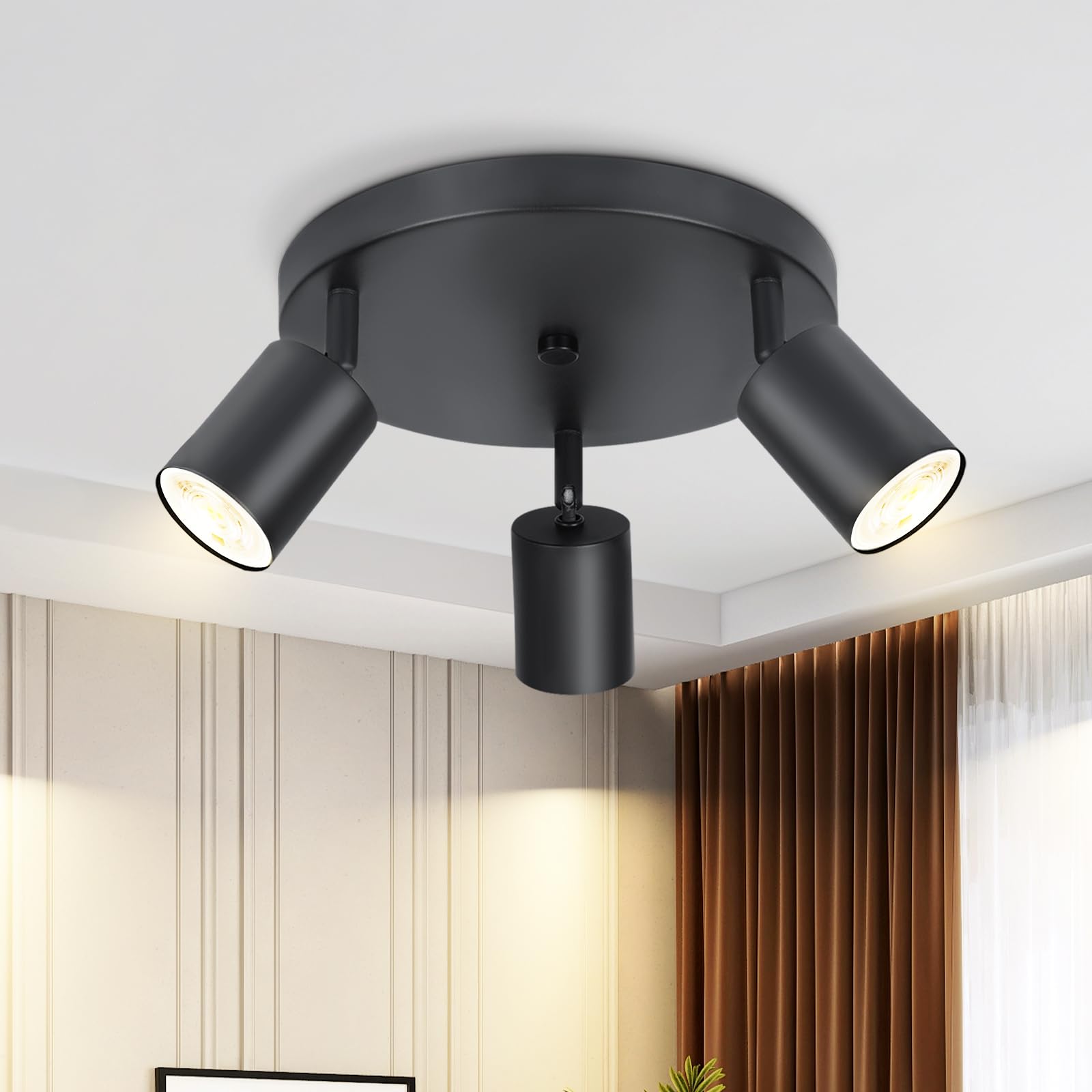 Glitzerlife Spotlight Ceiling Lights Kitchen - 3 Way LED Black Ceiling Light Fixtures Industrial Modern Adjustable Rotatable 350°Swivelling Modern GU10 for Lounge Living Room Bedroom Hallway NO Bulbs