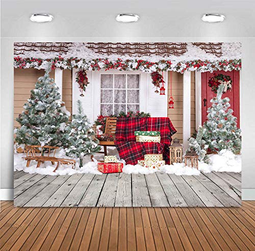 Outdoor House Winter Snow New Year Supplies Photography Backdrop 7x5ft Christmas Tree Lantern Wood Floor Photo Background Family Portraits Party Banner Decorations Photo Booths Studio Props
