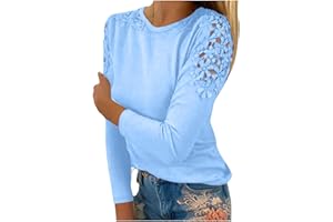 Bidobibo Women's Long Sleeve Tops Lace Crochet Cold Shoulder T-Shirts Fall Trendy Plain Casual Blouses Elegant Tee Shirts