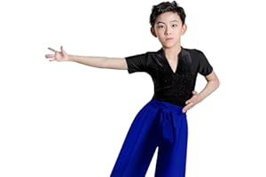 WAIYEEHEI Kids Boys Toddler Spliced Latin Modern Dance Shirt Tops Slim Stretchy Salsa Tango Dancewear Long/Short Sleeve T-Shirt