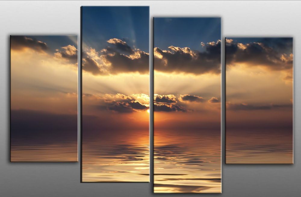 Large Sunset Seascape Canvas Picture 4 pieces multi panel split canvas completely ready to hang hanging cord attached, hanging template included for easy hanging, hand made printed to order UK company 40” width 28” height