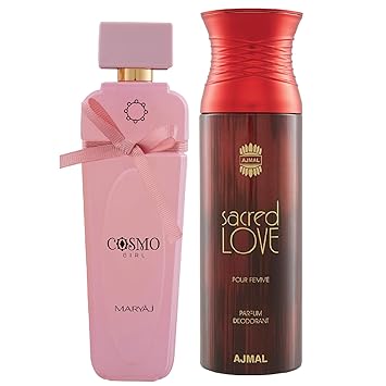Maryaj Cosmo Girl Eau De Parfum Floral Powdery Perfume 100ml for Women and Ajmal Sacred Love Deodorant Floral Musky Fragrance 200ml for Women + 2 Parfum Testers FREE
