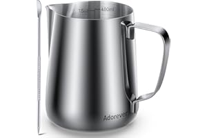 Adorever Milk Frothing Pitcher, 16oz 480ml Milk Frother Cup Stainless Steel Steaming Pitcher, Coffee Bar Cappuccino Espresso Machine Accessories Barista Tools, Steamer Cup Milk Jug with Latte Art Pen