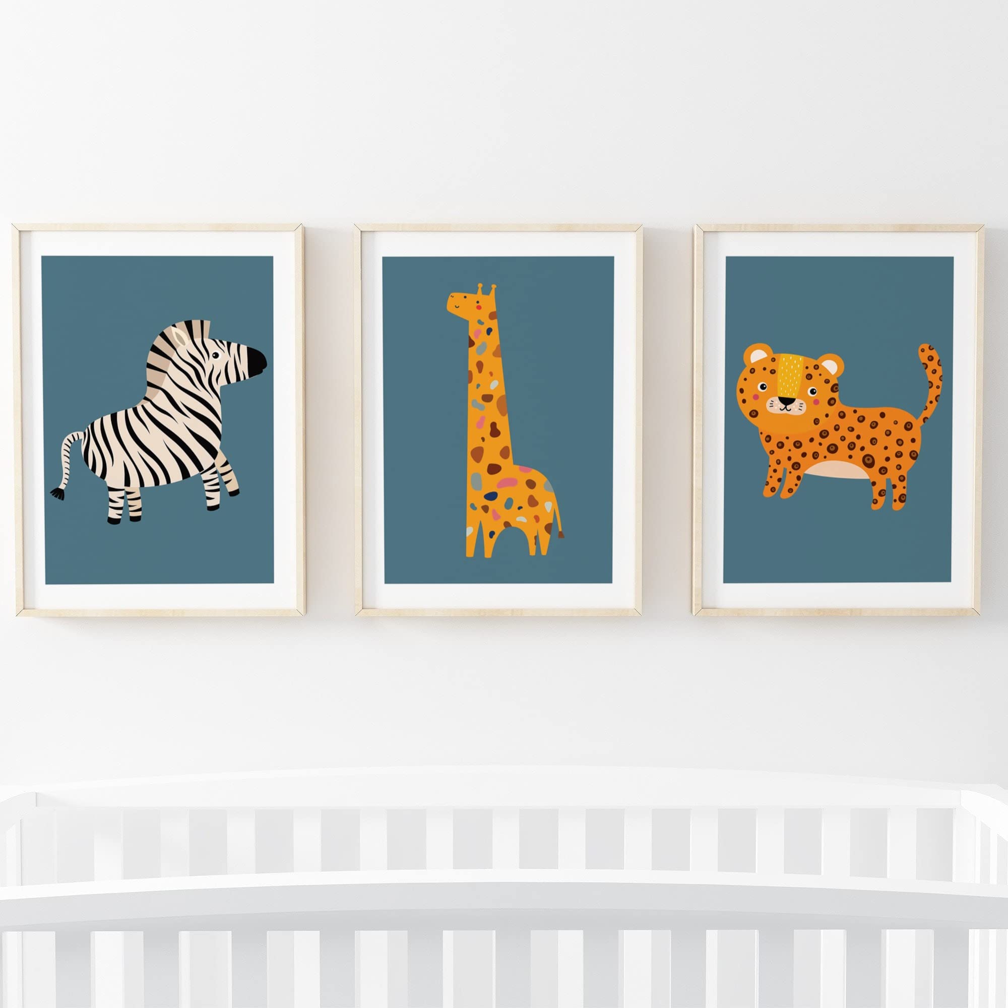 Scandi Safari Nursery Prints, Zebra Giraffe Cheetah Set of 3 Animal Nursery Prints, Jungle bedroom accessories [Picture Frames Not Included] (Blue, A3)