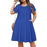 elescat Plus Size Summer Dresses for Women Casual Short Sleeve Pockets Loose Oversized T Shirt Sundress
