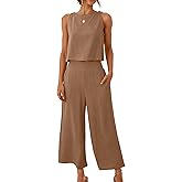ANRABESS Women's Summer 2 Piece Outfits Sleeveless Crop Top Capri Wide Leg Pants Jumpsuit Linen Lounge Beach Travel Sets