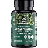 PlantFusion Organic Vegan Vitamin D3 + K2 5,000 IU, 50MCG – Vitamin D Sourced from Plant Based Lichen and Vitamin K2, for Immune Support and Bone Health - 60 Capsules