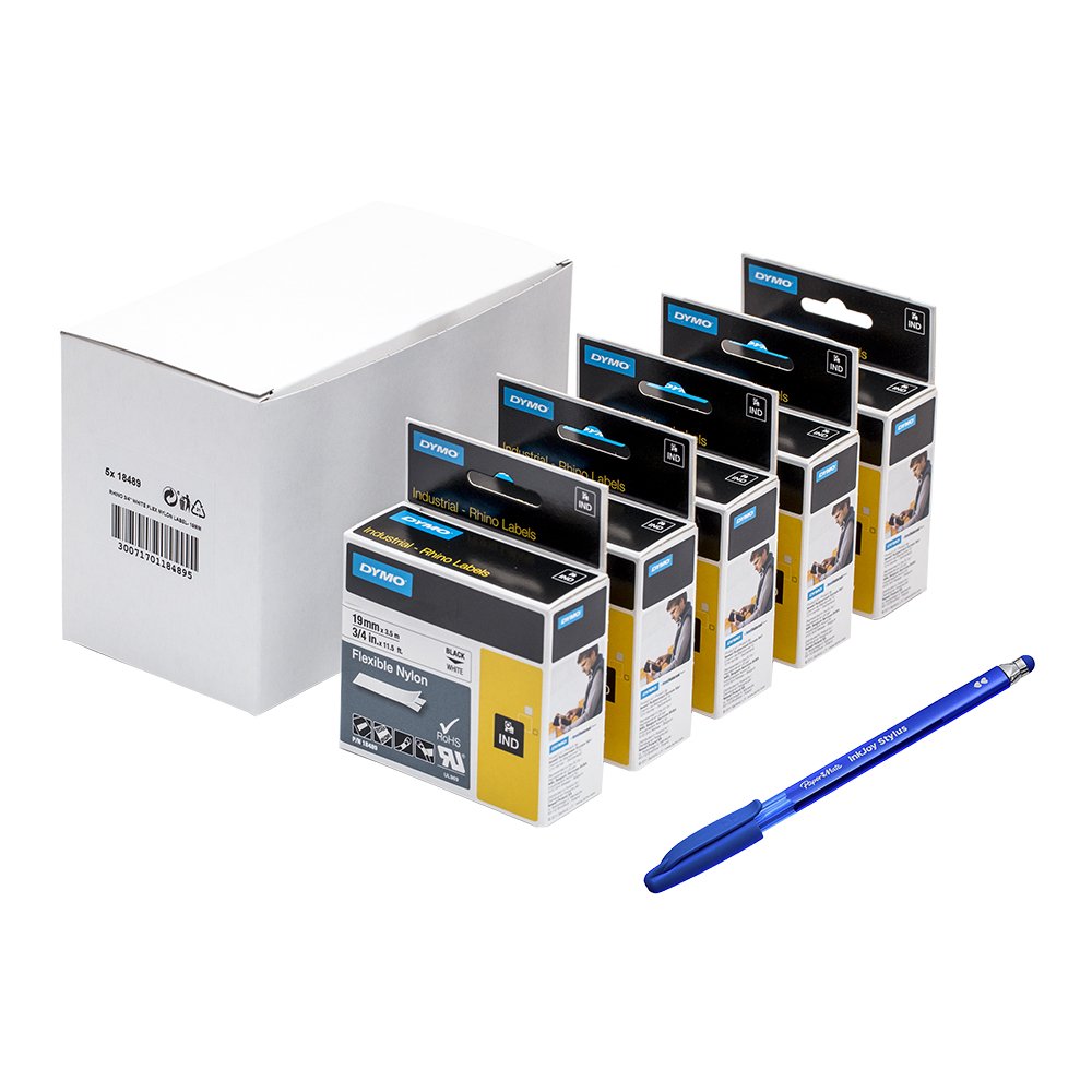 5 x Dymo 18489 Rhino Industrial Flexible Nylon Labels, Self-Adhesive - 19 mm x 3.5 m Roll, Black Print on White + PaperMate Pen Gift
