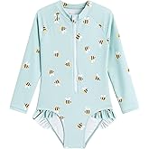 LIZENS Girls' One-Piece Swimwear Rash Guard Swimsuit Zipper Bathing Suits Long Sleeve Ruffle Girl Full Cover Flower Print