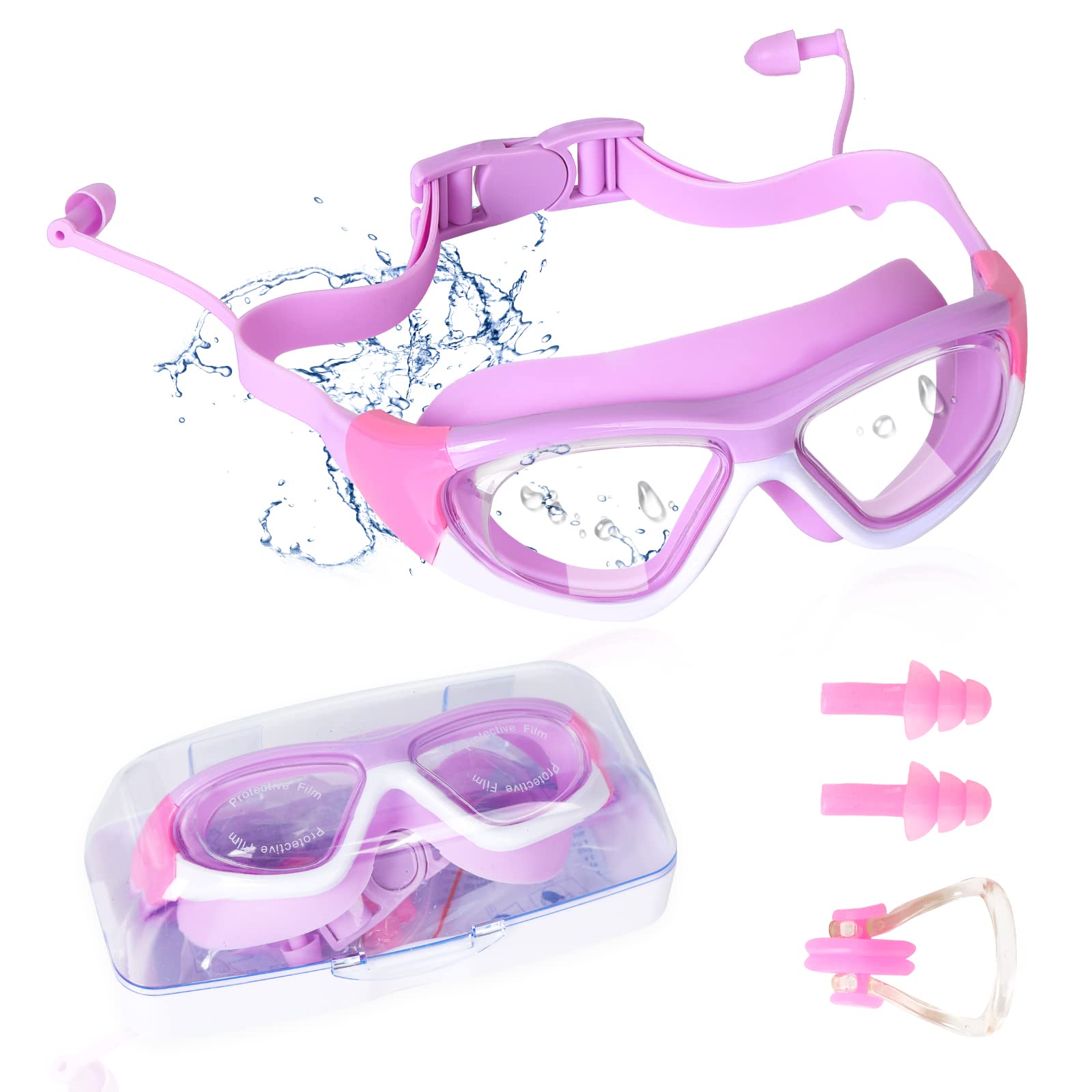 Jodsen Swimming Goggles, Anti-Fog Kids Swim Goggles with Ear Plugs and Nose Clip, UV Protection Wide Vision Kids Swimming Glasses with Adjustable Silicone Strap for Boys, Girls (Purple) — image 1