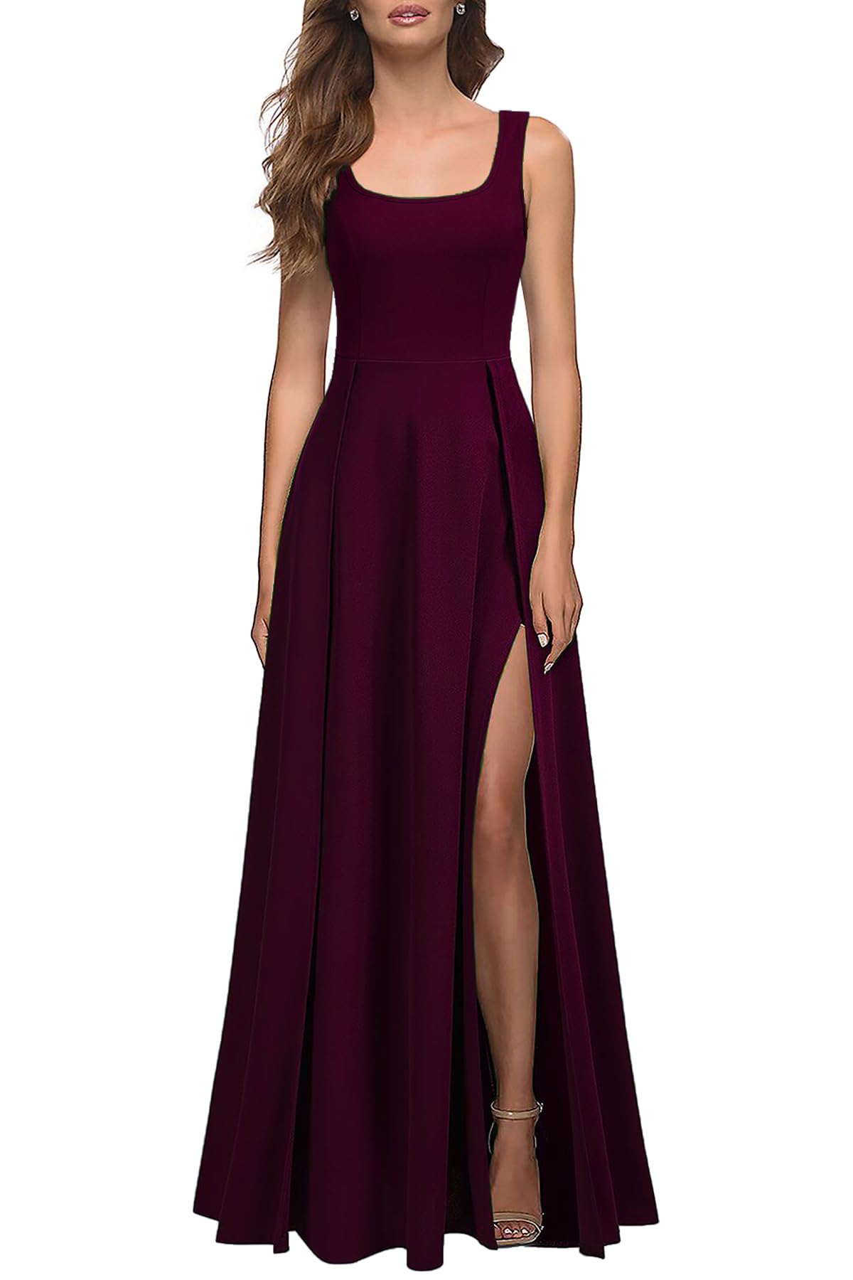 Photo 1 of MUSHARE Women's Square Neck Sexy Split Cocktail Party Maxi Long Formal Dress Burgundy