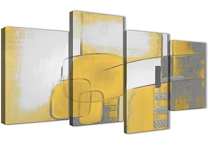 Grande Jaune Moutarde Gris Peinture Abstraite Chambre à