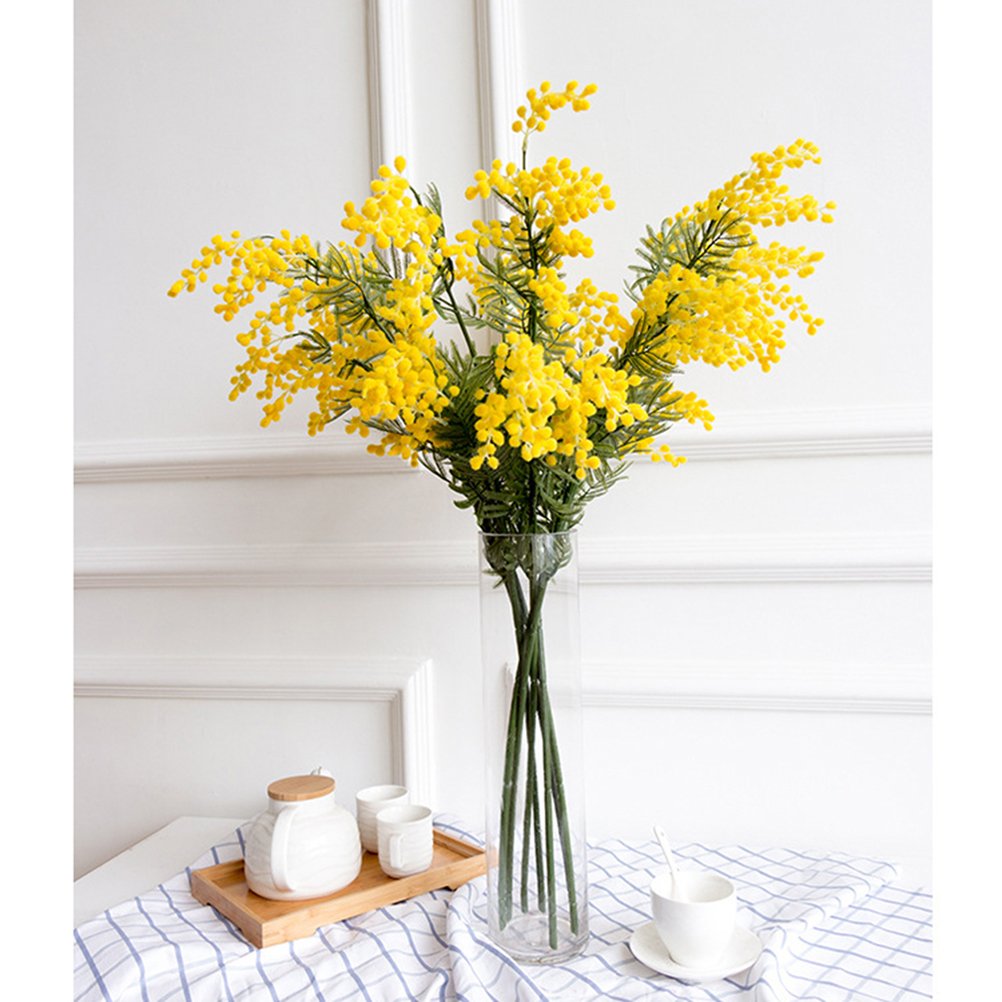 HOBULL 4pcs Mimosa Artificial Silk Flowers Fake Plants Branches Spray