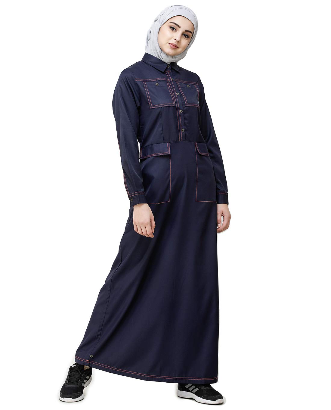 Silk Route© Navy Blue Patch Pockets Buttoned Polyester Urban Abaya Maxi Dress Jilbab Small 54