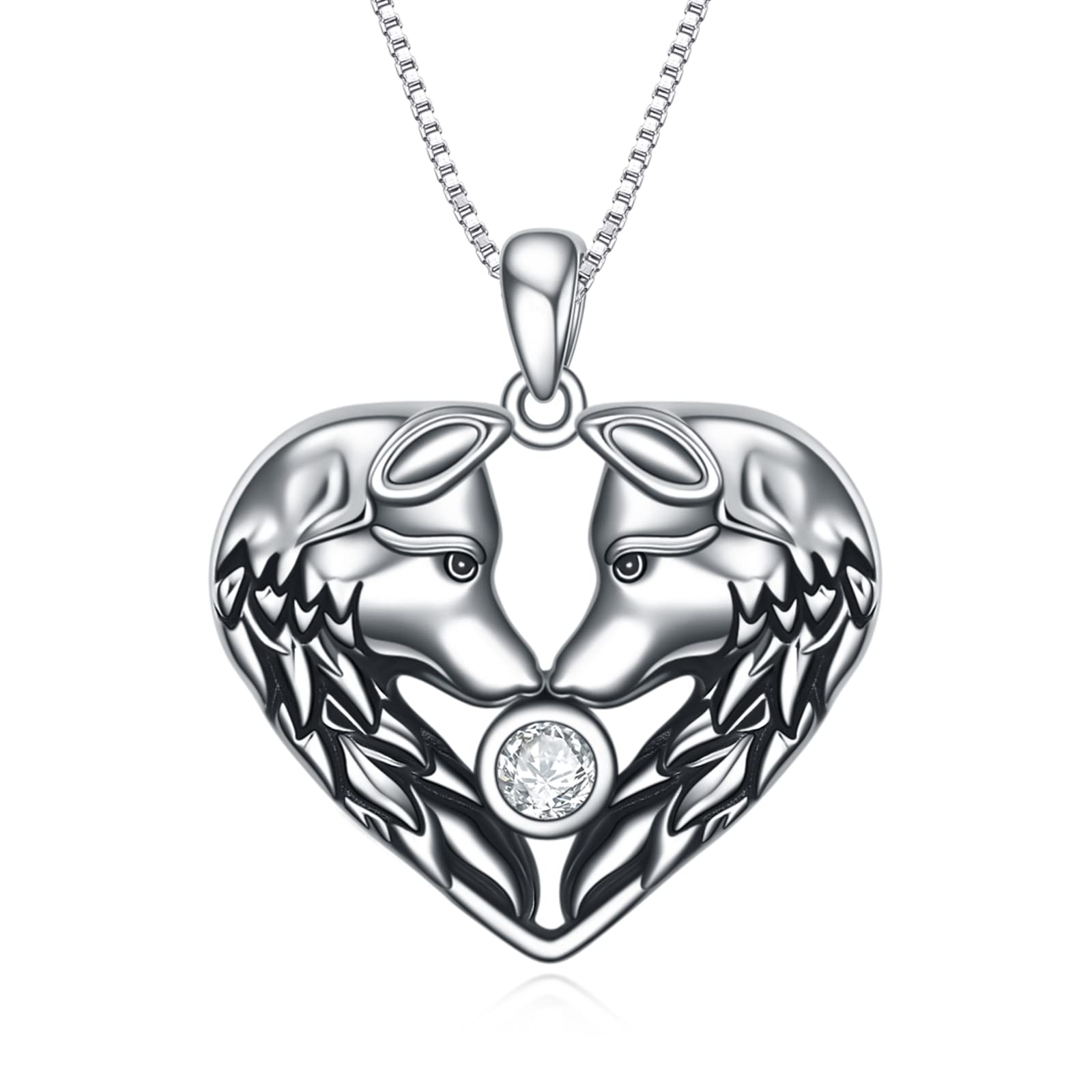 ONEFINITY Wolf Pendant Necklce for Women Sterling Silver Cubic Zircon Heart Couple Wolf Head Mother Daughter Jewelry Gift
