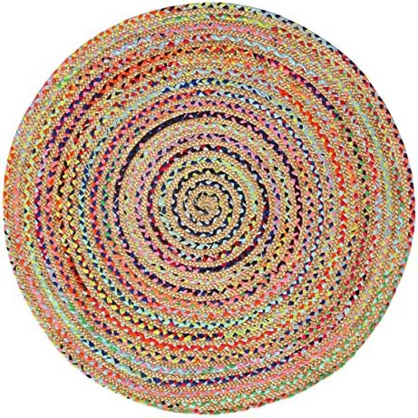 Green Decore Handmade Braided round Natural Fiber Jute Rug, (150 cm Diameter, Fusion Multicolor)