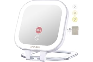 Shinowa Rechargeable Travel Makeup Mirror with 44 LED Lights, 1X/10X Magnifying Vanity Mirror with 3 Color Light, Folding Stand, 4 Inch Portable Dimmable Double Sided Compact Lighted Mirror, White