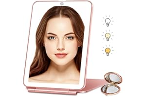 YUVIKE Travel Makeup Mirror, Vanity Mirror with Lights, 56 LED Vanity Mirror, Dimmable Touch Screen, 3 Colors Modes, 2000mAh Batteries, Portable Lighted Makeup Beauty Mirror, Travel Essentials (Pink)