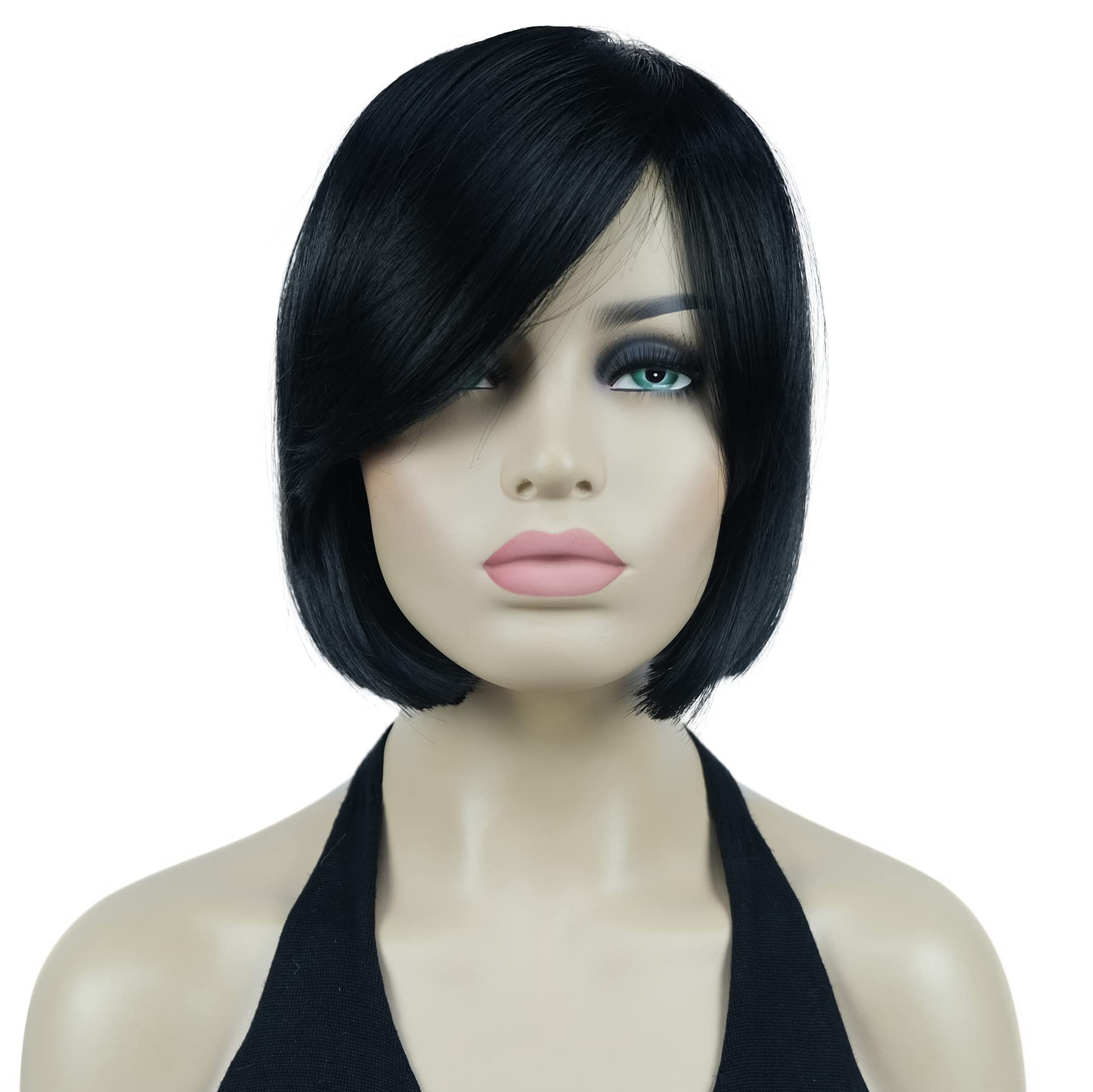 Lydell 8" Straight Short Wigs Bob Hair with Bangs Cute Central Dot Top Heat Resistant Synthetic Wigs (Black)