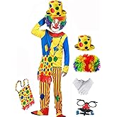 7pcs Clown Costume Set, Jumpsuit with Wig Bag Hat Gloves Glasses Holloween Adult Teens Clown Outfit Party Dress up