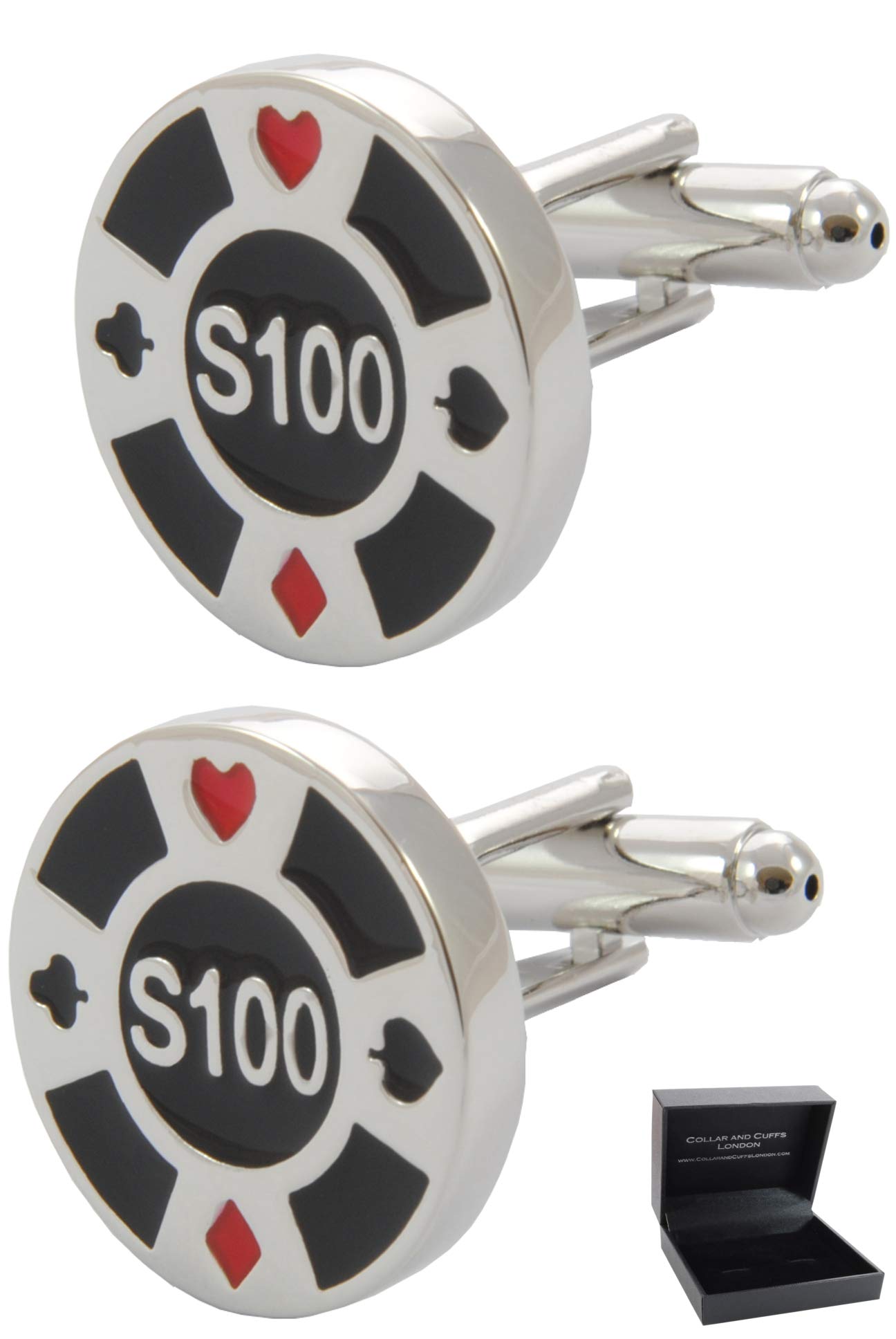 Cufflinks for Men + Presentation Box - Novelty - Casino Chips - Solid Brass Metal - Games Betting Poker Token Disc Round - Silver Black and Red Colours - One Pair