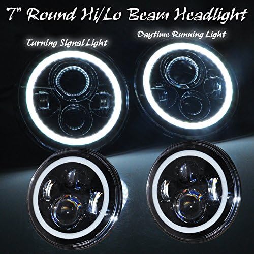 Ohmu 40W 7 Inch Round White DRL and White Turning Signal Light Halo Ring Angel Eye Osram Led Headlights Turning Signal Lights Day Running Light for Jeep Wrangler JK TJ CJ Harley Headlight DRL