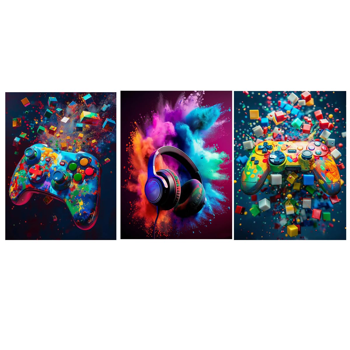 AOSEE 3 Pcs 16" x12'' Framed Gaming Room Decor Canvas Wall Art Video Game Art Prints Framed, Gaming Theme Watercolor Posters Prints for Boys Kids Teen Game Room Bedroom Playroom Wall Decor (Black)