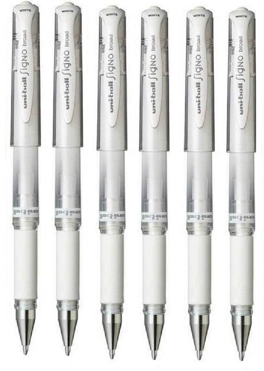 Uni Ball White Signo Pen Broad Metallic Gel Ink Rollerball Metal 1mm Tip Nib 0.65mm Line Width With Rubber Grip UM-153 (Pack Of 6)