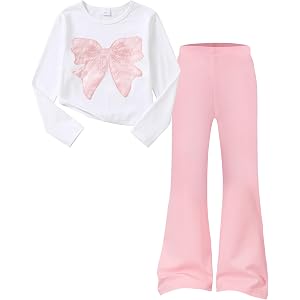 YOURUIKEY Girls Clothes 2 Piece Fall Outfits Lace Bow Shirts & Flared Pants Clothing Set Cute Girl Clothes Size 7-14