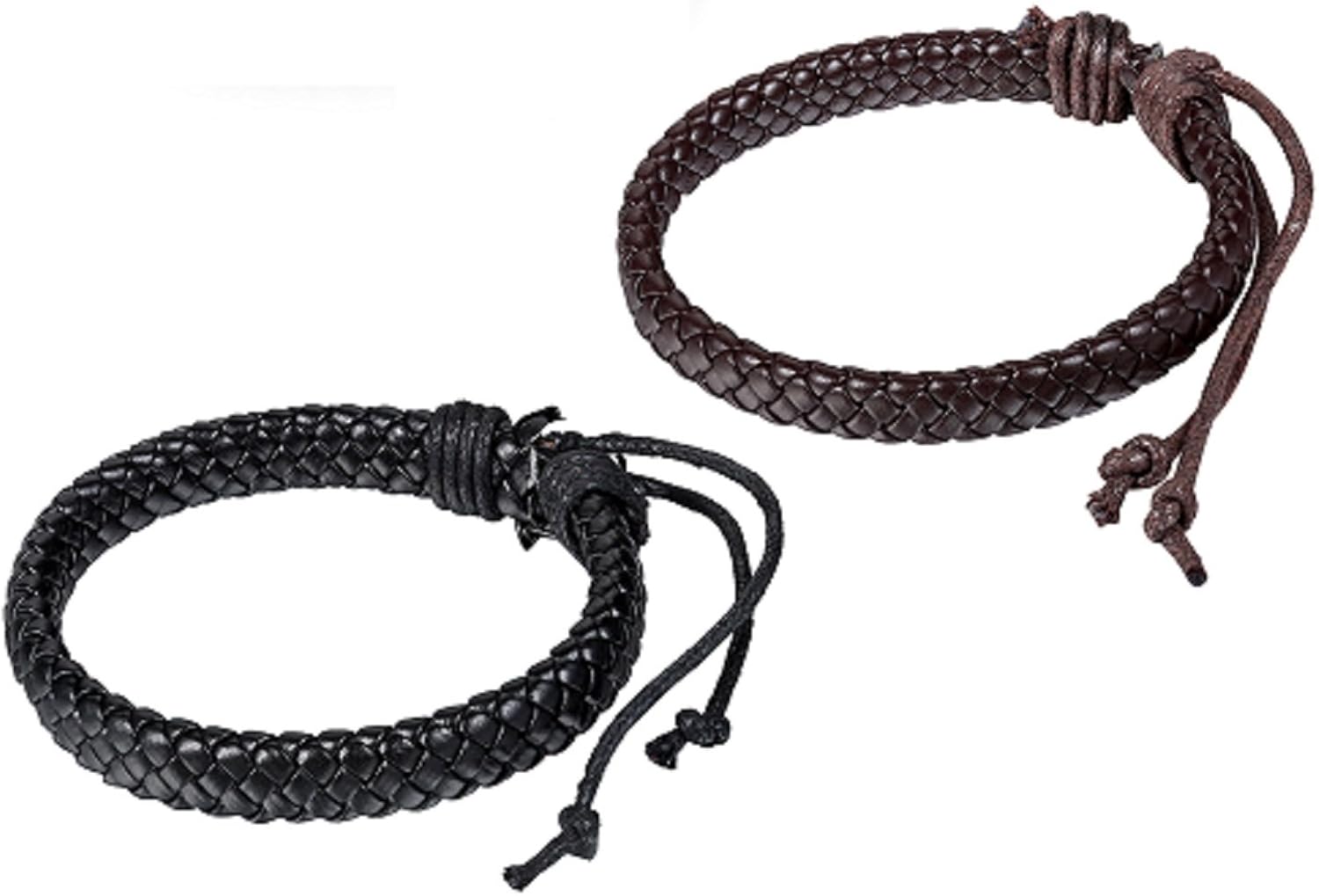 JewelryWe 2pcs Unisex Mens Brown & Black Braided Leather Bracelets Wrap Wristbands Fits 8" - 11" (with Gift Bag)