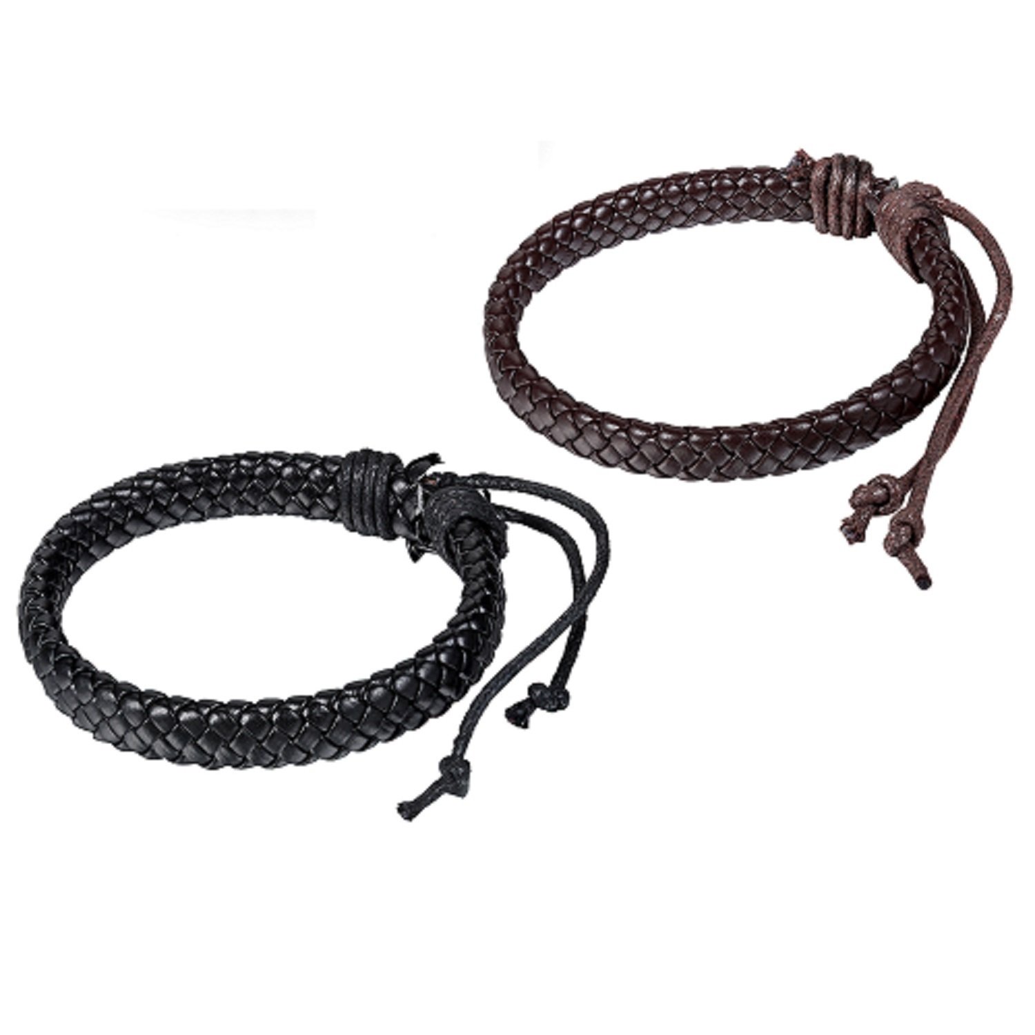 JewelryWe 2pcs Unisex Mens Brown & Black Braided Leather Bracelets Wrap Wristbands Fits 8" - 11" (with Gift Bag)