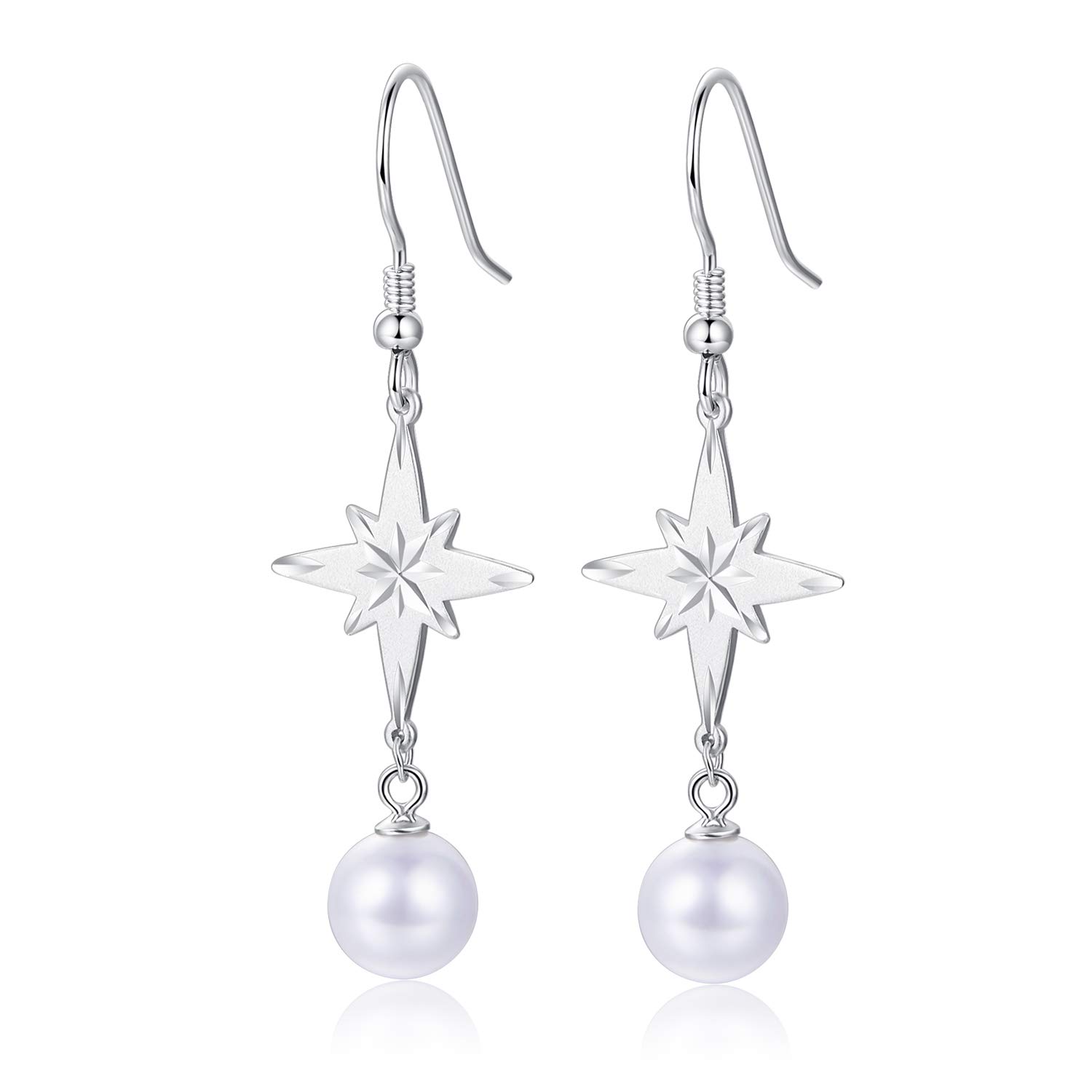 925 Sterling Silver Dangle Earrings Shining Stars Venetian Pearl Drop Earrings for Women Girls Fish Hook Earrings