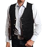Hi-Tie Men's Suede Leather Vest Western Cowboy Vest Slim Fit Sleeveless V Neck Waistcoat Casual