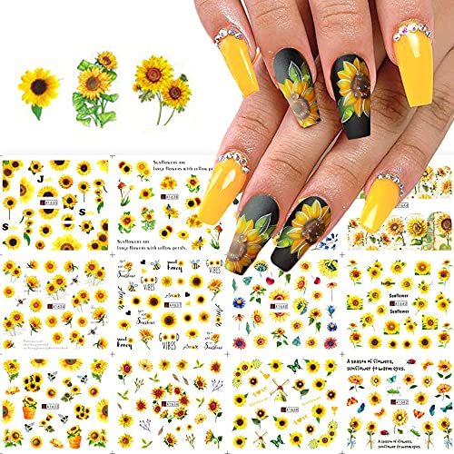 CHANGAR Sunflower Nail Stickers Floria Flower Bee Water Transfer Decals Spring/Summer Series Nail Decorations Manicure Tips，12 Sheets Toenail Art Decorations Accessories
