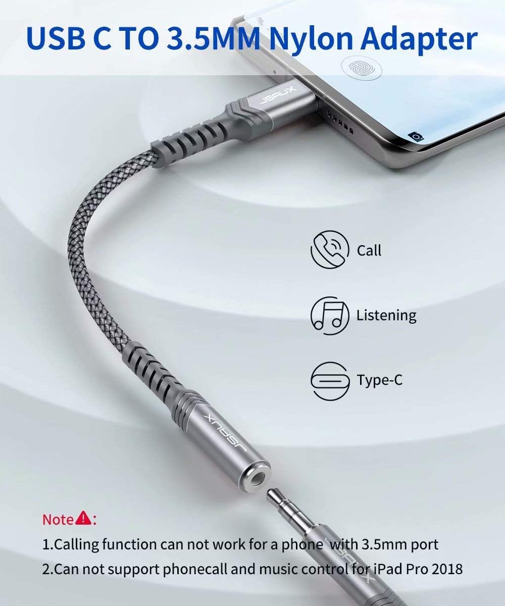 USB Type C to 3.5mm Female Headphone Jack Adapter, JSAUX USB C to Aux Audio Dongle Cable Cord Compatible with Pixel 4 3 2 XL, Samsung Galaxy S20 Ultra Z Flip S20+ Note 20 10 S10 S9 Plus iPad Pro(Grey): Electronics