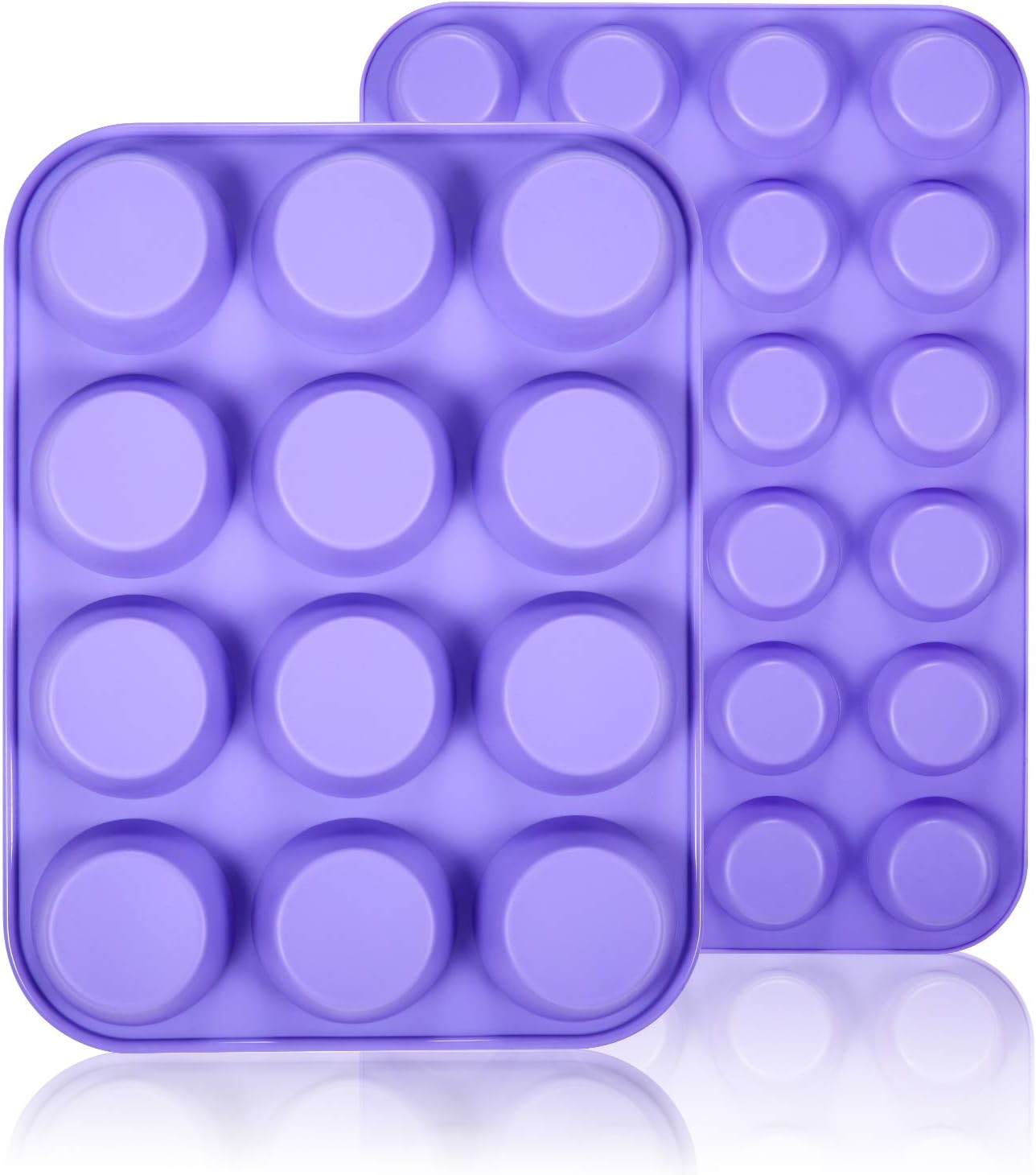 WARMWIND Silicone Muffin Pans, Non-Stick Cupcake Mold Including Mini 24 Cups, 12 Regular Cups, BPA Free Silicone Bakeware Tray, Dishwasher Safe (2 Pack, Purple)
