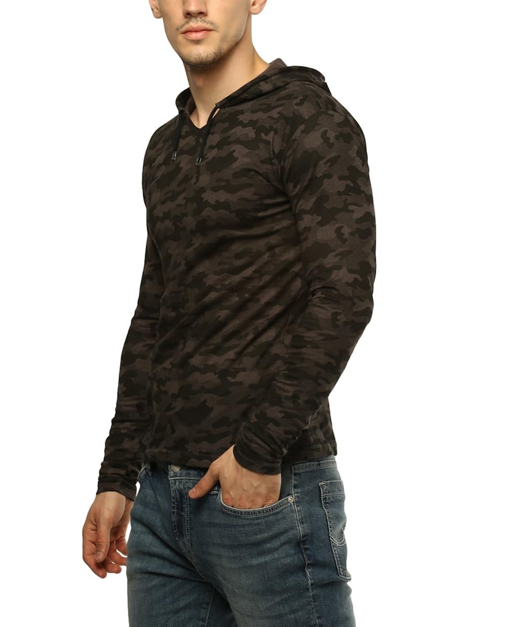 urbano fashion men's military camouflage dark grey hooded full sleeve cotton t-shirt