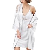 Brosloth Women's Silk Satin Robe Sets 2 Piece Sexy Pajamas Set Sheer Lace Cami Nightgown Lingerie and Silky Robes