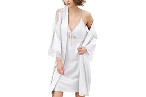 Brosloth Women's Silk Satin Robe Sets 2 Piece Sexy Pajamas Set Sheer Lace Cami Nightgown Lingerie and Silky Robes