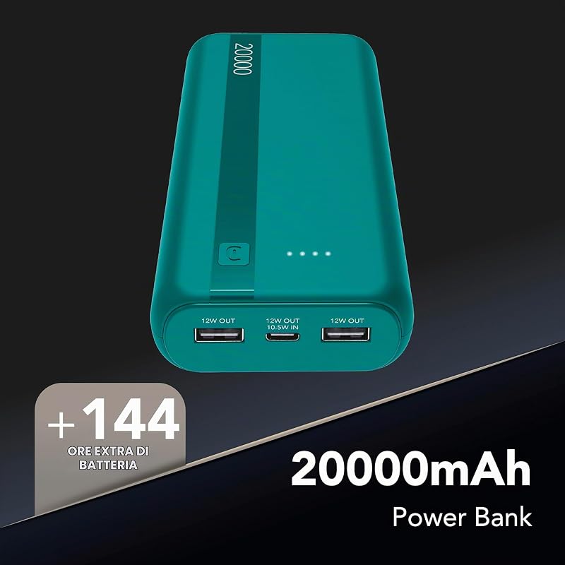 Power Bank 20000 mAh con USB-C In/Out + 2 Porte USB-A - Ricarica Multipla e LED Indicatore - Verde
