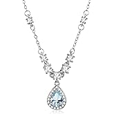 Watforsh 925 Sterling Silver Aquamarine Light Blue Teardrop Pendant Birthstone Crystal Adjustable Necklace Chain Cubic Zirconia Thin Necklace for Women